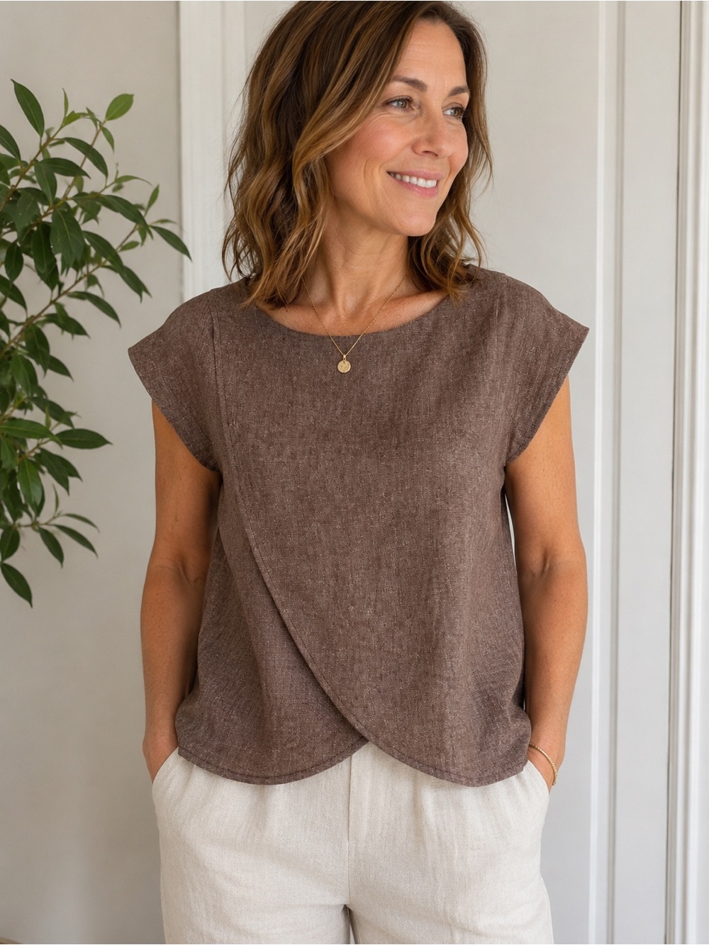 Diane & Co. Handmade Cotton Linen Wrap Front Top Brown Taupe